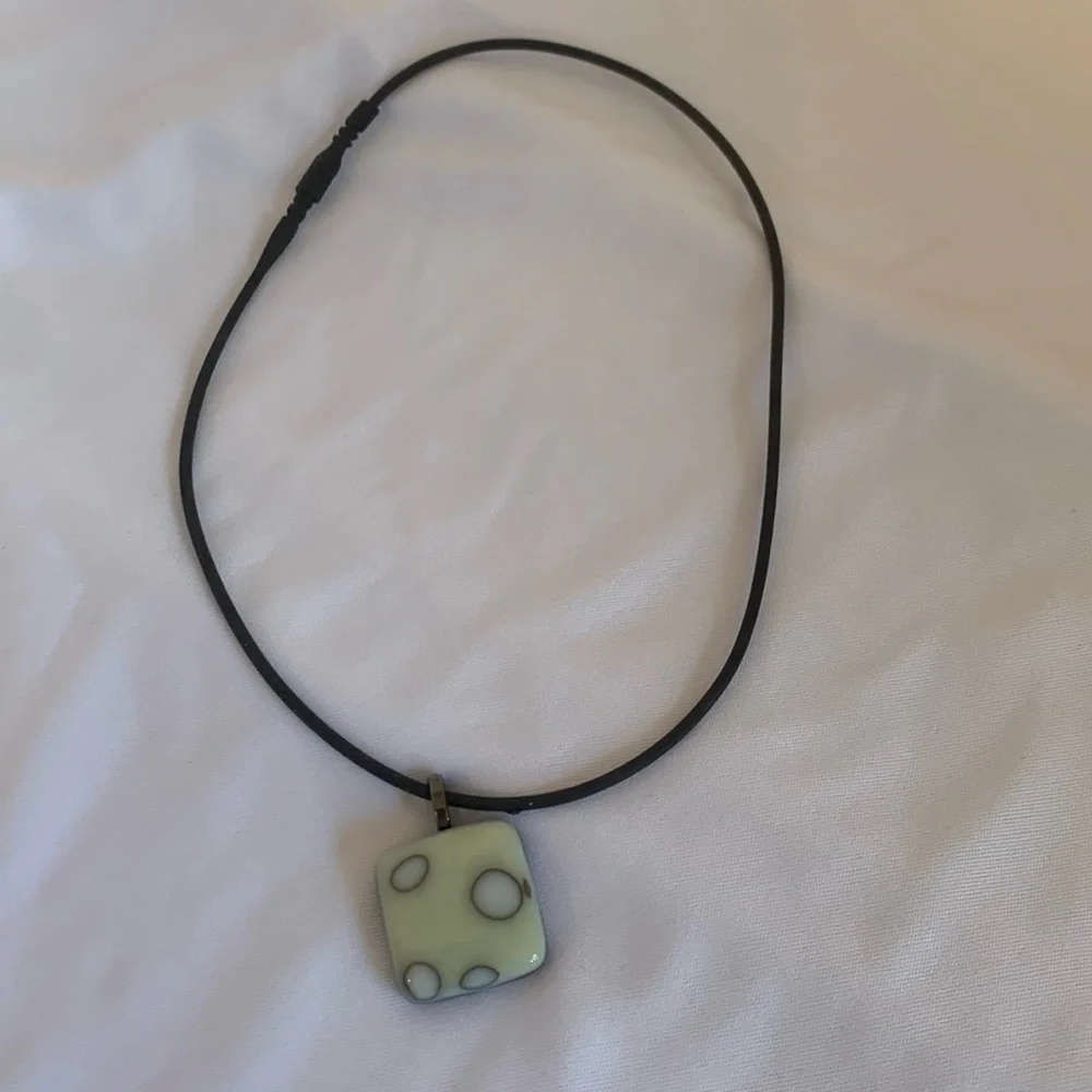 Art Glass Modern Geometric Square Pendant Necklace on Black Rubber Cord